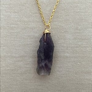 Rough Amethyst Crystal Pendant Necklace 18” Gold Tone Wire Wrapped Raw Stone